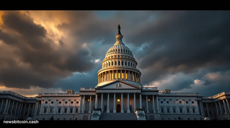A cinematic photorealistic editorial photograph of the U.S. Capitol building's iconic dome and neoclassical architecture shot