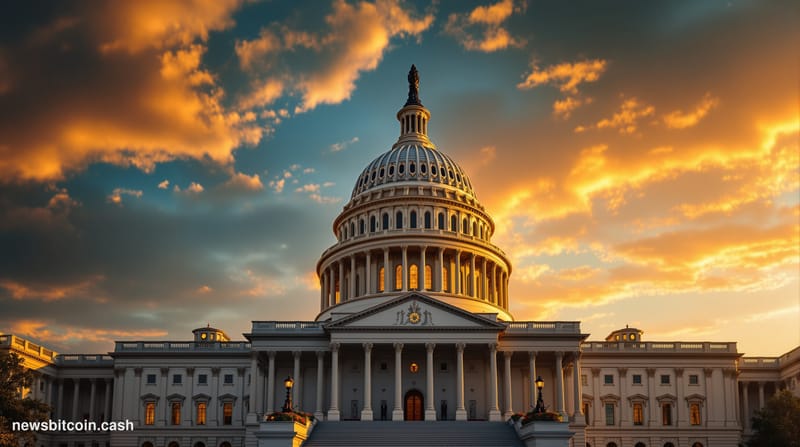 A cinematic photorealistic editorial photograph of the U.S. Capitol building's iconic dome at golden hour, shot from a low an