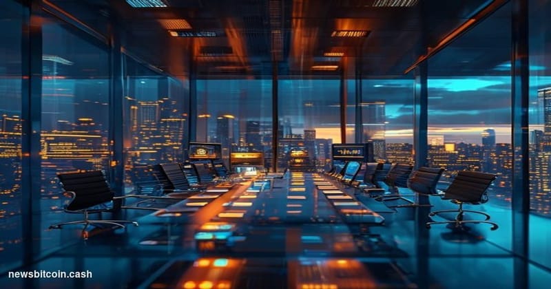 A cinematic photorealistic editorial photograph capturing the essence of corporate Bitcoin integration across multiple busine