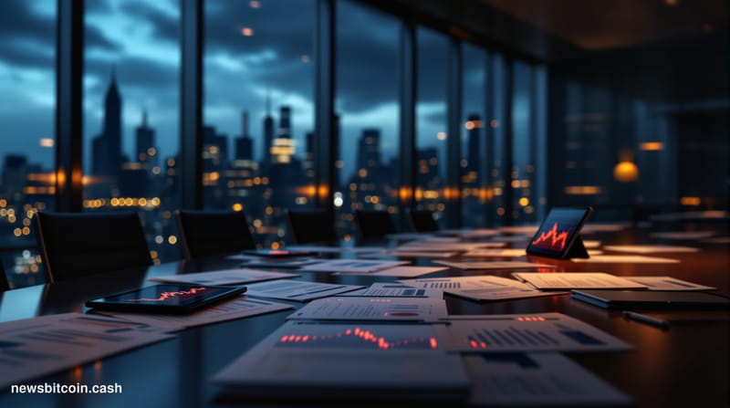 A cinematic photorealistic editorial photograph showing a dramatic corporate boardroom scene with floor-to-ceiling windows ov