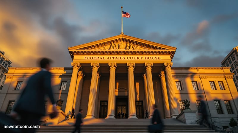 A cinematic photorealistic editorial photograph of the imposing facade of a federal appeals courthouse in New York City, capt
