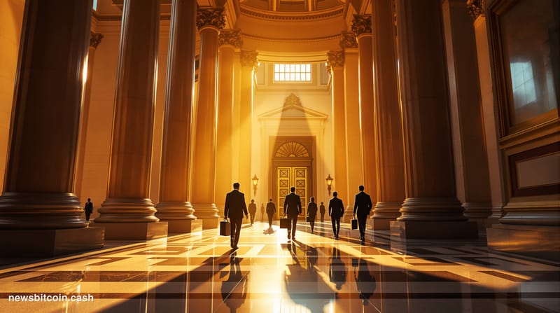 A cinematic photorealistic editorial photograph showing the imposing marble columns and neoclassical architecture of the U.S.