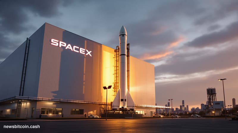 A cinematic photorealistic editorial photograph showing the exterior of SpaceX's Hawthorne, California headquarters with its 