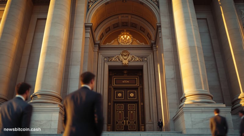 A cinematic photorealistic editorial photograph of the United States Capitol building's Senate chamber entrance, shot from a 
