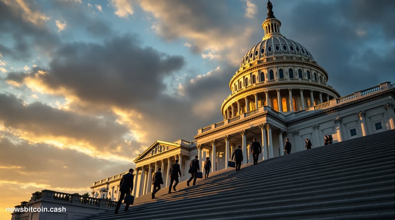 A cinematic photorealistic editorial photograph of the US Capitol building dome at golden hour, with dramatic lighting castin