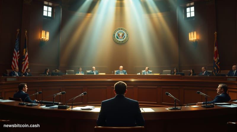 A cinematic photorealistic editorial photograph capturing a tense congressional oversight hearing in progress, shot from the 