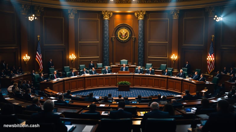 A cinematic photorealistic editorial photograph of the U.S. House of Representatives committee hearing room during an active 