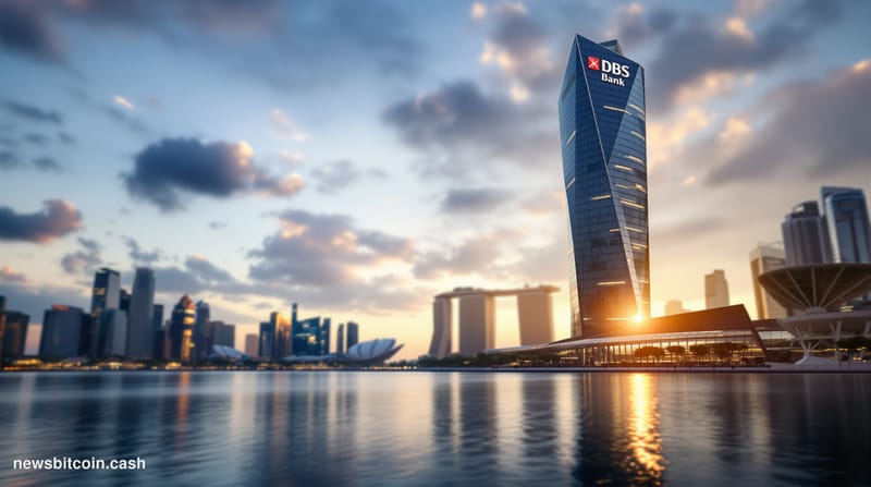 A cinematic photorealistic editorial photograph of the DBS Bank headquarters tower in Marina Bay, Singapore, shot during gold
