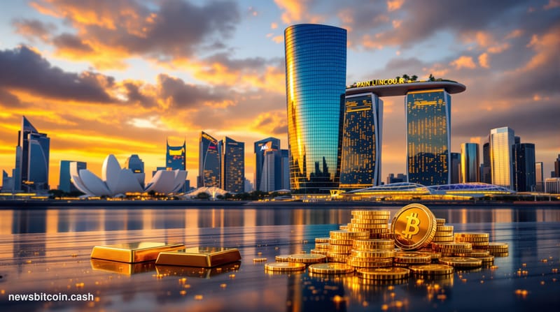 A dramatic cinematic photograph of DBS Bank's iconic Marina Bay headquarters in Singapore's central business district at gold