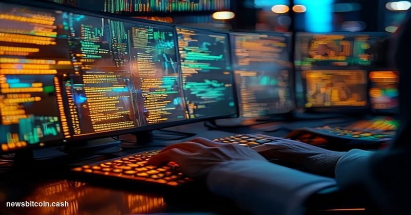 A cinematic photorealistic editorial photograph showing a dimly lit cybersecurity workspace with multiple monitors displaying