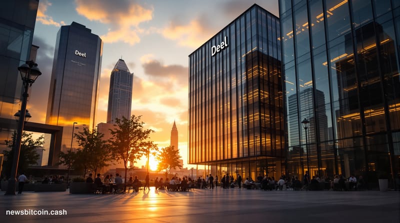 A cinematic photorealistic editorial photograph of a modern tech office building with "Deel" signage on the glass facade, sho