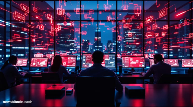 A cinematic photorealistic editorial photograph capturing the scale of decentralized finance security breaches through a dram