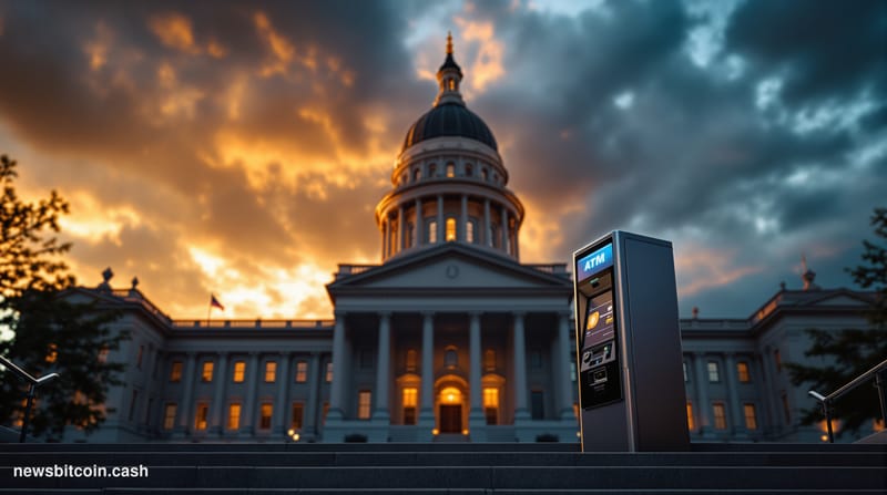 A dramatic photorealistic editorial photograph showing the Delaware State Capitol building in Dover during golden hour, with 