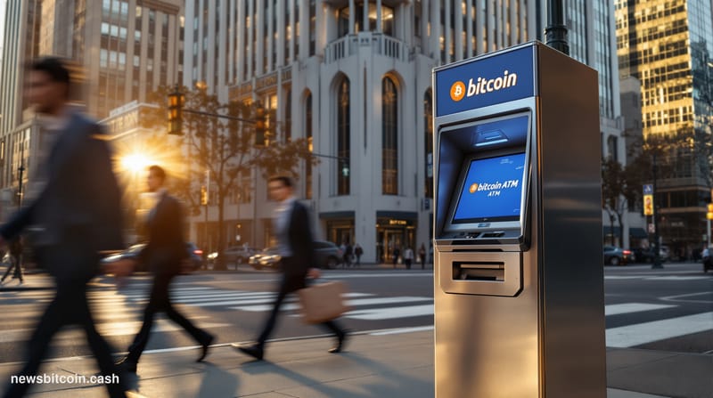 A cinematic photorealistic editorial photograph showing a Bitcoin ATM machine prominently positioned on a busy street corner 