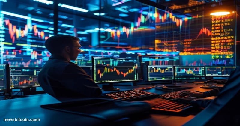 A cinematic photorealistic editorial photograph of a modern cryptocurrency trading floor with multiple large monitors display
