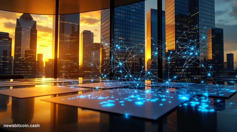 A cinematic photorealistic editorial photograph showing the dramatic contrast between traditional finance and blockchain tech