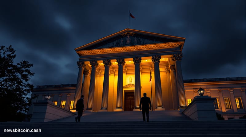A cinematic photorealistic editorial photograph showing the imposing exterior of the Department of Justice building in Washin