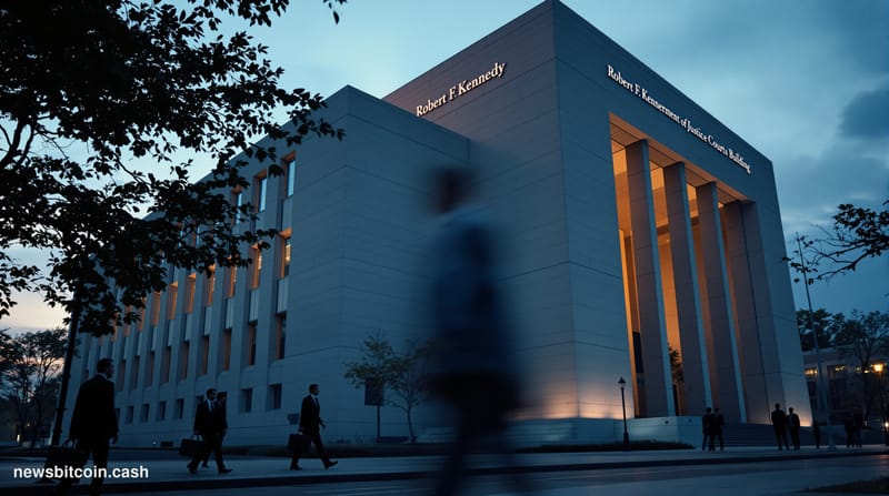 A cinematic photorealistic editorial photograph of the Robert F. Kennedy Department of Justice Building in Washington DC at d