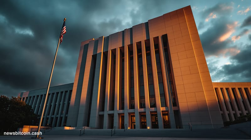 A cinematic photorealistic editorial photograph of the US Department of Justice headquarters in Washington DC at golden hour,