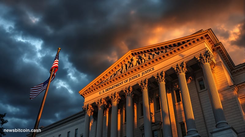 A dramatic photorealistic editorial photograph of the U.S. Department of Justice headquarters building in Washington D.C., ca