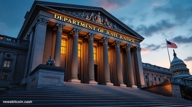 A cinematic photorealistic editorial photograph showing the imposing brutalist facade of the Department of Justice building i