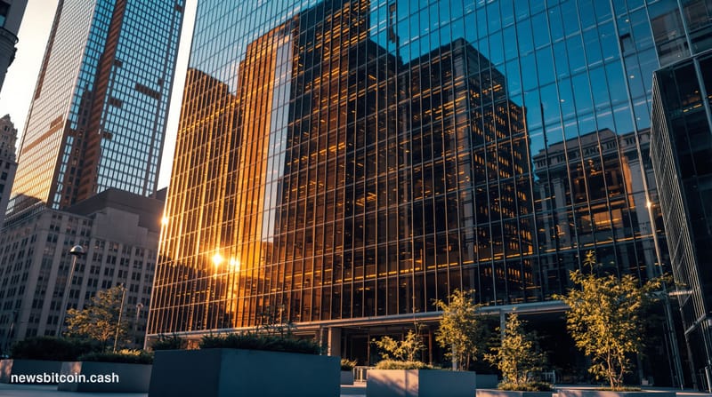 A cinematic photorealistic editorial photograph of the imposing glass and steel DTCC headquarters building in New York City's