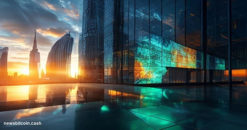 A cinematic photorealistic editorial photograph showing Telegram's sleek modern headquarters or office building in Dubai, sho