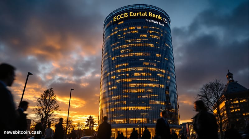 A cinematic photorealistic editorial photograph of the European Central Bank headquarters in Frankfurt, Germany, captured dur
