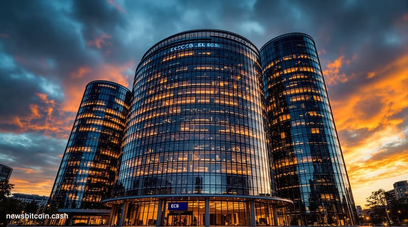 Cinematic photorealistic editorial photograph of the European Central Bank headquarters in Frankfurt, Germany, captured from 