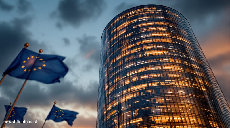 Cinematic photorealistic editorial photograph of the European Central Bank headquarters in Frankfurt, Germany, shot from a lo