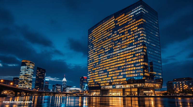 A cinematic photorealistic editorial photograph of the European Central Bank headquarters in Frankfurt, Germany at dusk. The 