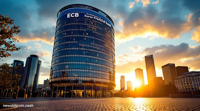 A cinematic photorealistic editorial photograph of the European Central Bank headquarters in Frankfurt, Germany, captured fro