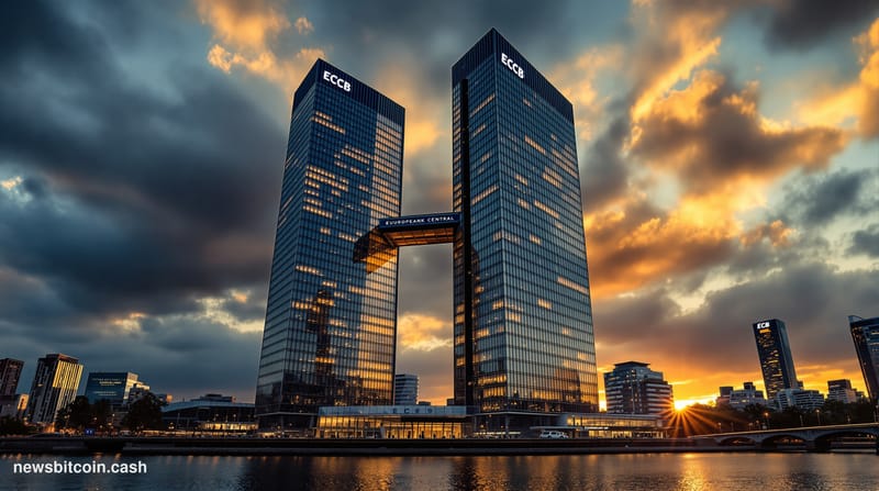 A cinematic photorealistic editorial photograph of the European Central Bank headquarters in Frankfurt, Germany, captured dur