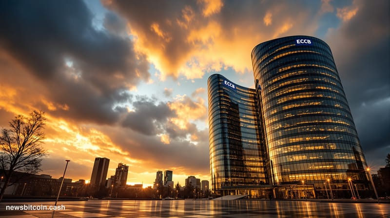 A cinematic photorealistic editorial photograph capturing the imposing European Central Bank headquarters in Frankfurt's Oste