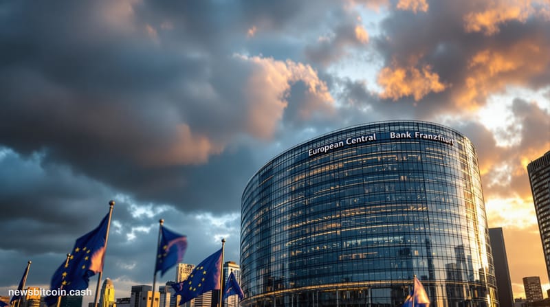 A cinematic photorealistic editorial photograph of the European Central Bank headquarters in Frankfurt, Germany, shot from a 