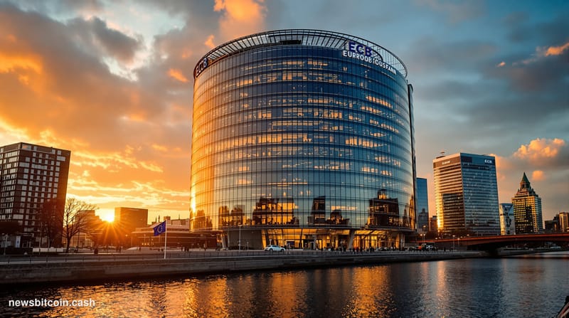 A cinematic photorealistic editorial photograph of the European Central Bank headquarters in Frankfurt, Germany, shot from a 
