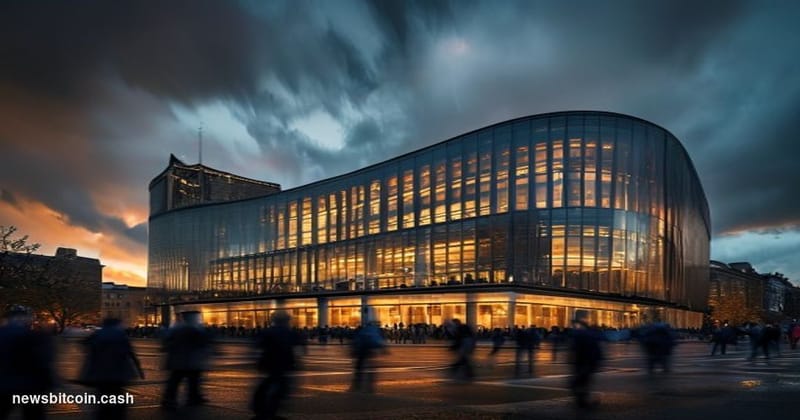 A cinematic photorealistic editorial photograph of the European Central Bank headquarters in Frankfurt, Germany, captured dur