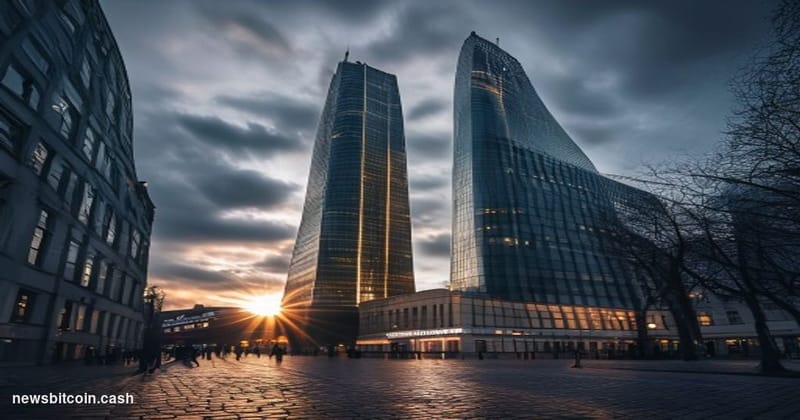 A cinematic photorealistic editorial photograph showing the iconic European Central Bank headquarters tower in Frankfurt am M