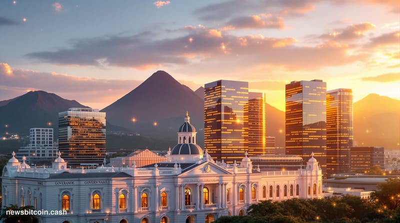 A cinematic photorealistic editorial photograph of San Salvador's modern financial district at golden hour, showcasing the gl
