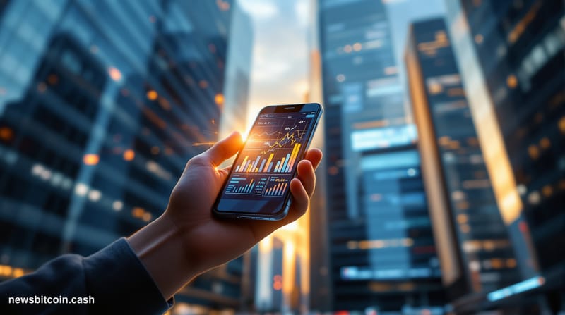 A cinematic photorealistic editorial photograph showing a busy trading floor or financial district at golden hour, with drama