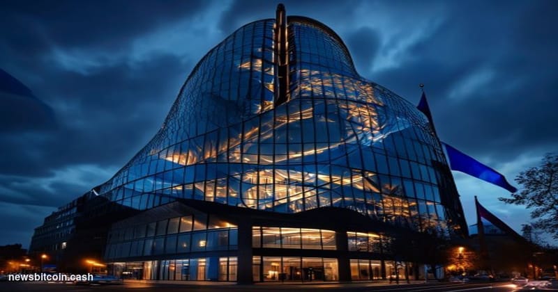 Cinematic photorealistic editorial photograph of the European Central Bank headquarters in Frankfurt, Germany at dusk with dr