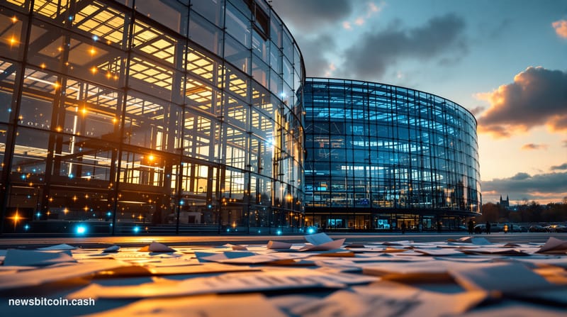 A cinematic photorealistic editorial photograph of the European Parliament building in Strasbourg, France, shot during golden