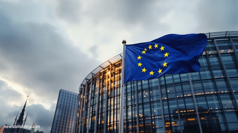 A cinematic photorealistic editorial photograph showing the European Parliament building in Strasbourg, France, captured from