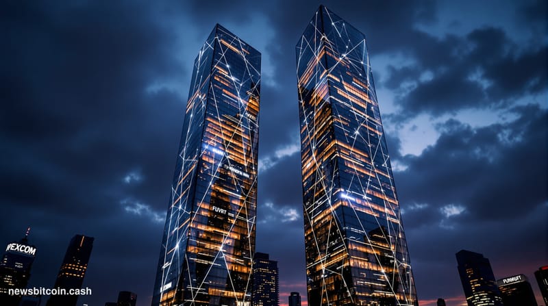 A cinematic photorealistic editorial photograph showing the European Central Bank headquarters in Frankfurt, Germany, with it