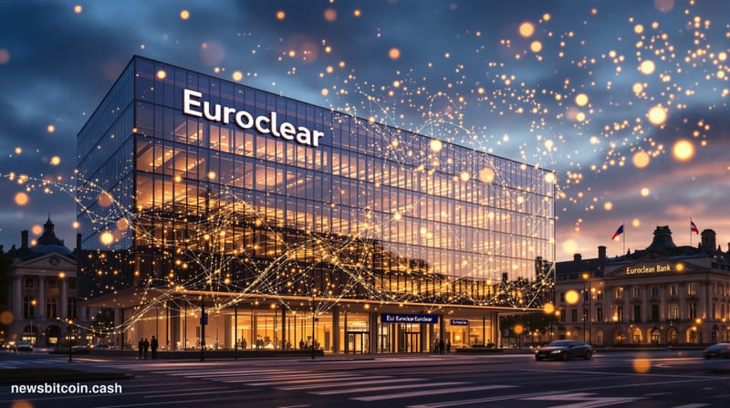 Cinematic photorealistic editorial photograph of Euroclear's Brussels headquarters building exterior at golden hour, with the