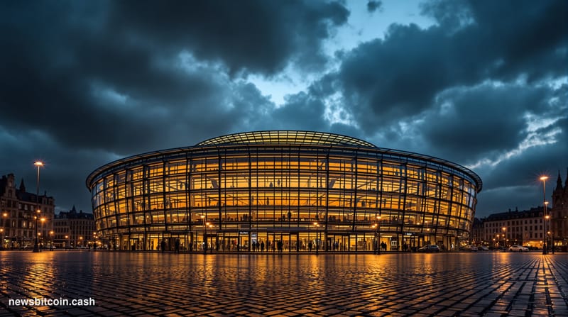 A cinematic photorealistic editorial photograph of the European Parliament building in Strasbourg at dusk, with dramatic stor