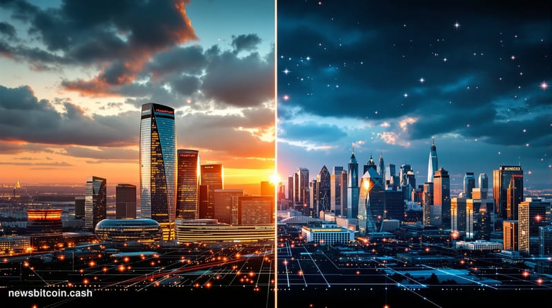 A dramatic split-screen composition showing the European Central Bank headquarters in Frankfurt on the left side with its dis