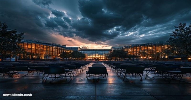 Cinematic photorealistic editorial photograph showing the European Parliament building in Strasbourg at twilight, with dramat
