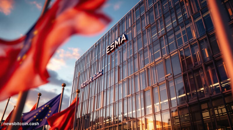 A cinematic photorealistic editorial photograph showing the imposing glass and steel facade of the European Securities and Ma
