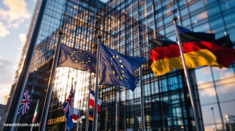 A cinematic photorealistic editorial photograph showing the European Parliament building in Strasbourg, France, with its dist